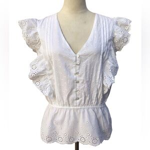 New York And Company White Eyelet Ruffle Trim Blousee Size Large NWT